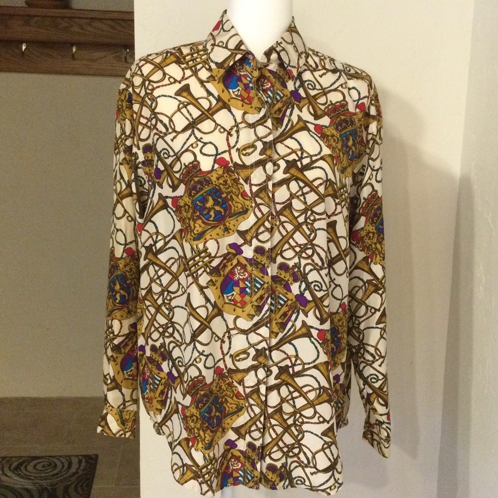 Women Vintage Novelty Print Silk Blouse M